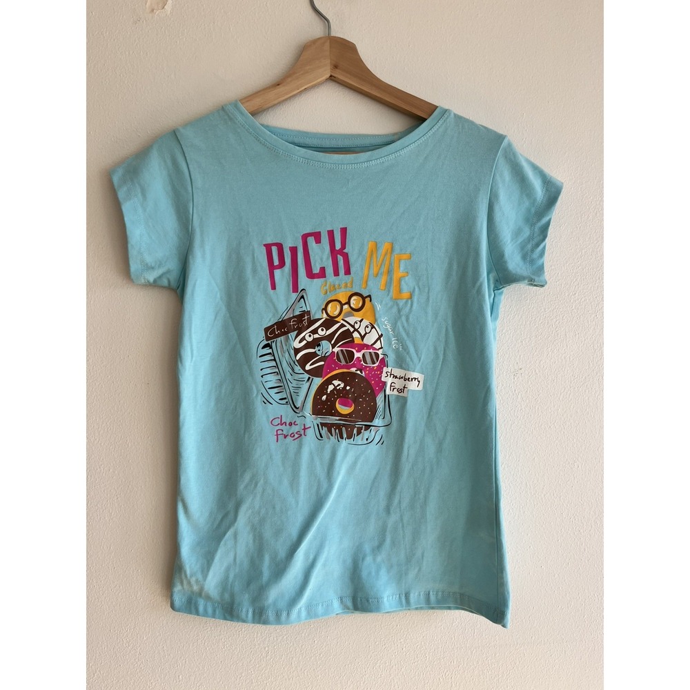 NWT‎ Carisma Pick Me Donut Graphic Tee L Blue Pop Art Kitsch Modern Heritage